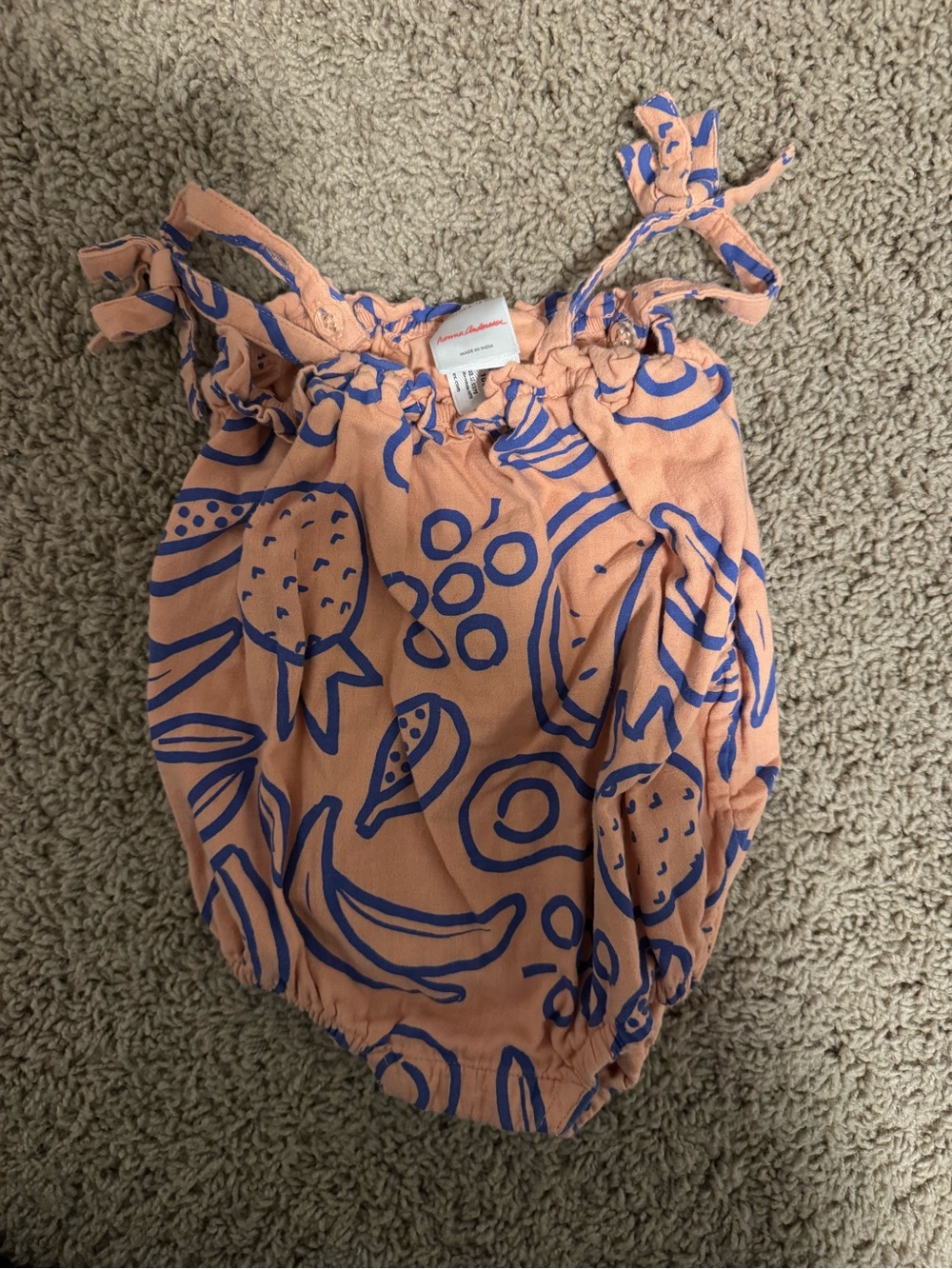 Hanna Andersson Peach Bubble Romper with Blue Fruit Print
